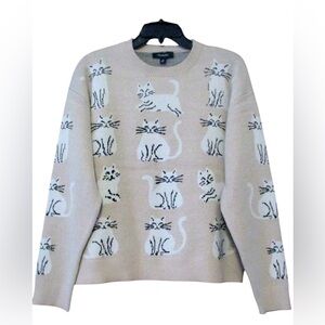 NWT Anthropologie Calligraphie Neutral Beige Sweater Cat Kitty Novelty Cozy sz L